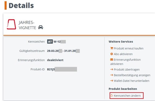 ASFINAG Mautshop Kennzeichen für ein Produkt ändern