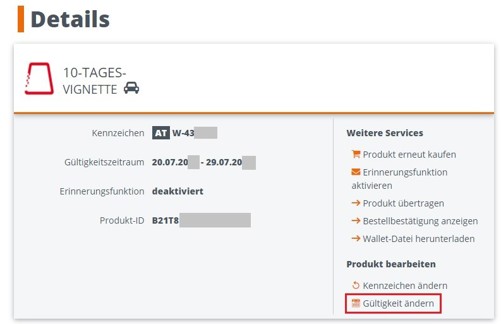 ASFINAG Mautshop Gültigkeit eines Produktes ändern