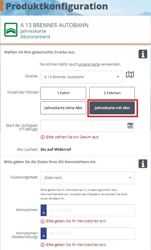 ASFINAG Mautshop Digitale Streckenmaut Produktkonfiguration Variante Jahreskarte mit Abo